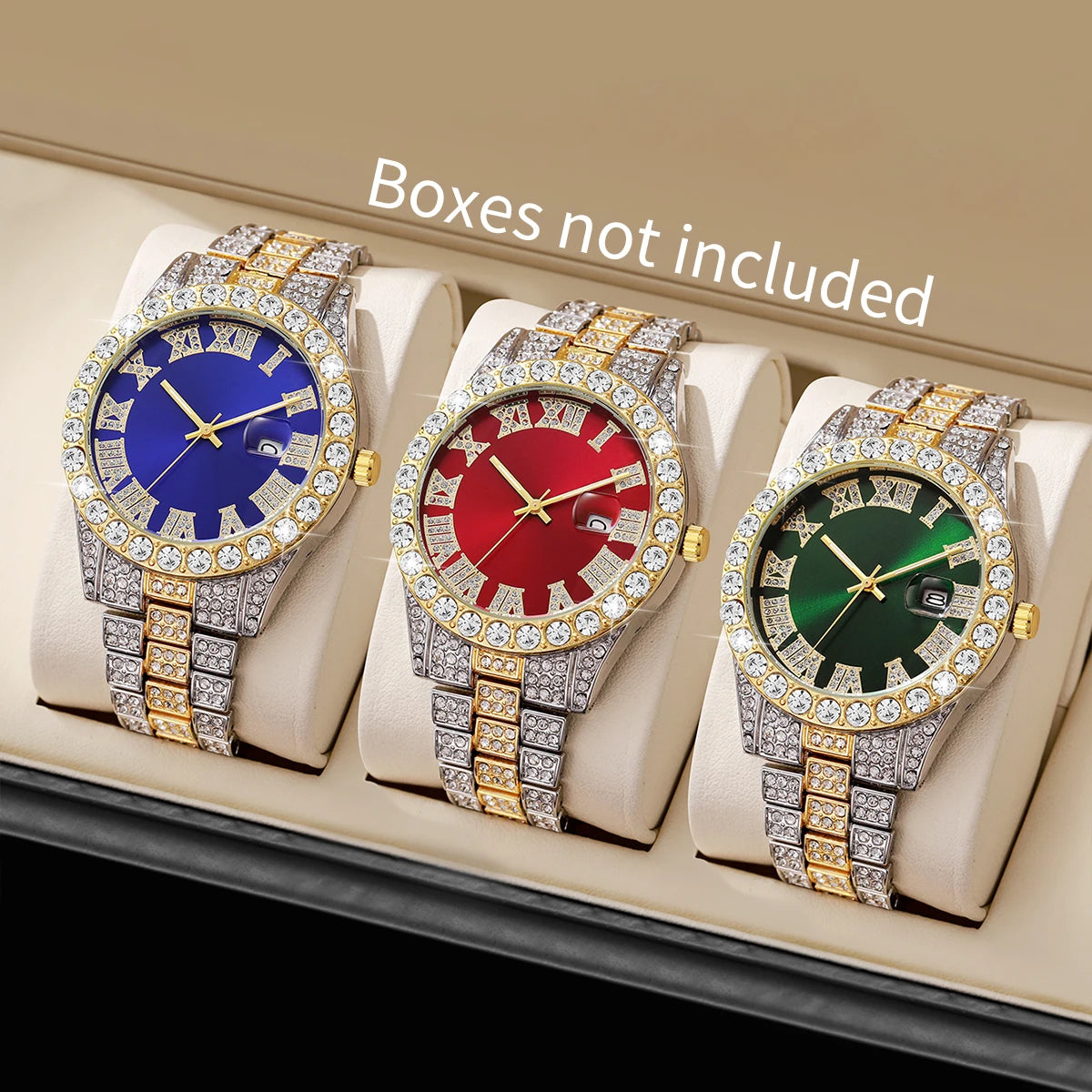 3PCS/Set Fashion Men Watches Luxury Rhinestone Roma Dial Quartz Watch Calendar Clock for Man Gifts Reloj Hombre（Without Box）