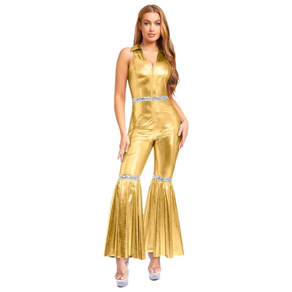 Adult Womens 70s Disco Rompers Lapel V Neck Sleeveless Front Zipper Sequins Bell Bottom Long Pants Jumpsuit Retro Jazz Dancewear