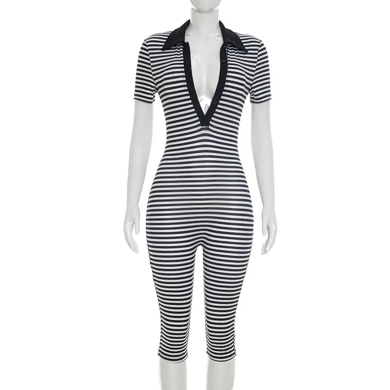 Striped Print Jumpsuits Women Short Sleeve Y2K Clothes Casual Summer Buttons V Neck Bodycon Rompers Overalls Beach Vacation Gift