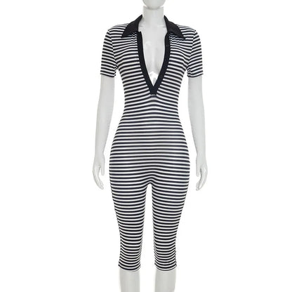 Striped Print Jumpsuits Women Short Sleeve Y2K Clothes Casual Summer Buttons V Neck Bodycon Rompers Overalls Beach Vacation Gift
