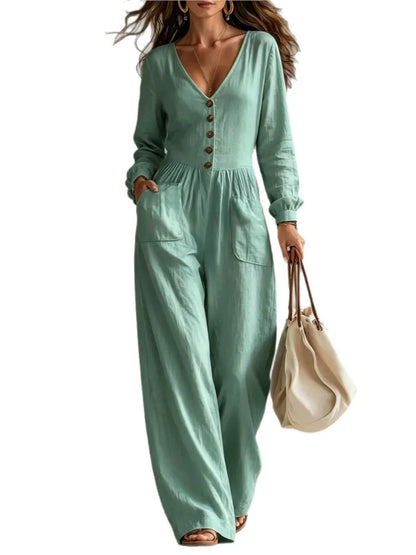 Women White Jumpsuit Deep V Neck Long Sleeve Button Front Wide Leg Rompers Casual Loose Pockets Overalls Vacation Beach Outfit