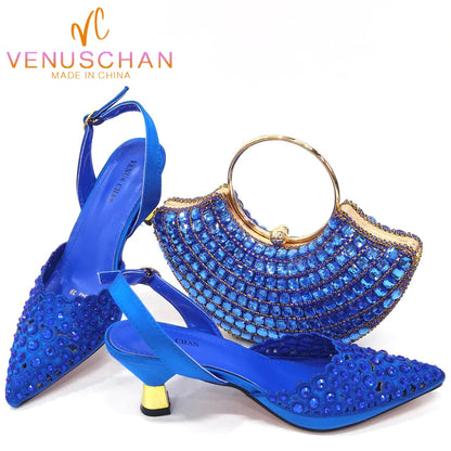 Venus Chan New Arrival Italian Design Nigerian Fashion Party Wedding Shoes and Bag Set Decorated With Flower in Blue Color