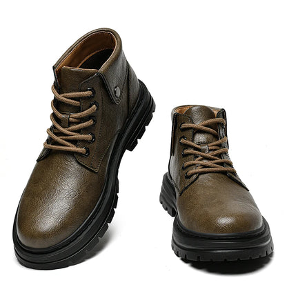 Genuine Leather Mens Motorcycle Boots Handmade Retro Men Ankle Boots Man Winter Plush Snow Botas Outdoor High Top Shoes Sneakers
