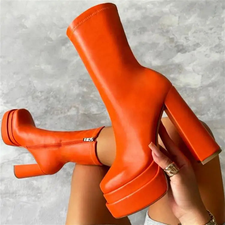 Foreign Trade Women's Shoes Fashion Super High Heels Platform Short Boots New Chunky Heel Mid-calf Boots Casual Ankle Boots CD