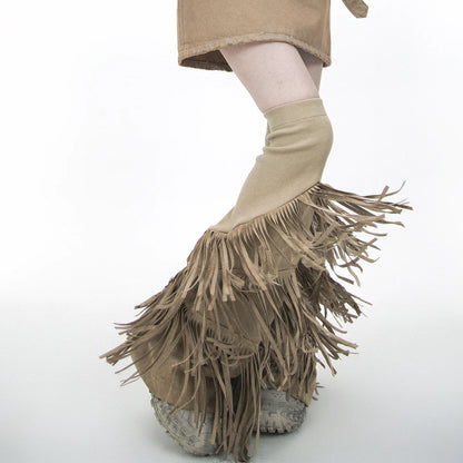 Suede Fabric Tassel Knitted Elastic Punk Vintage Flared Leg Warmers Woman Fashion Elegant Gothic Leg Sleeve