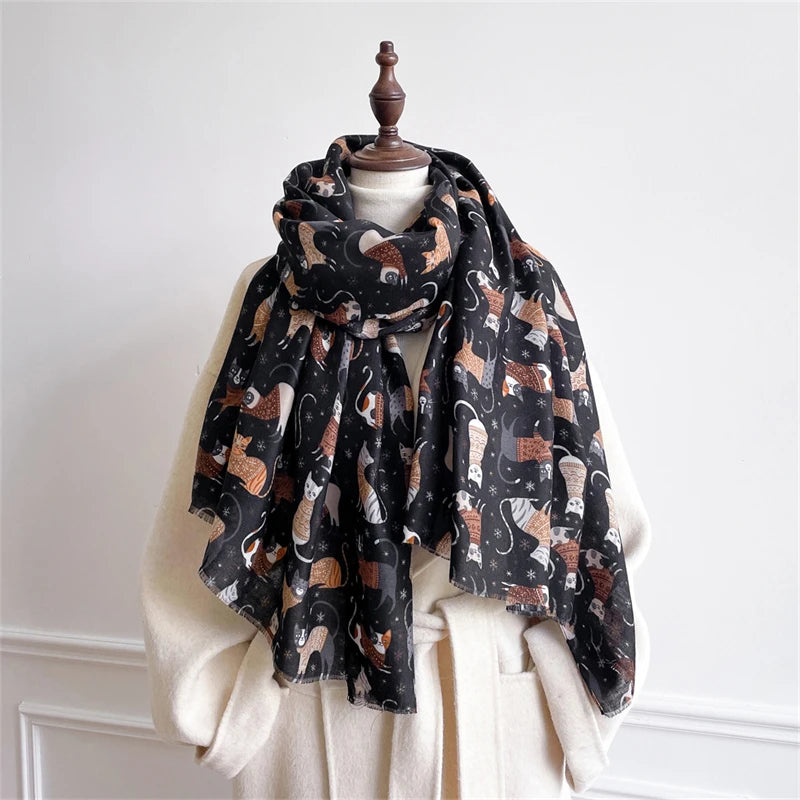 Autumn and Winter Travel Warm Cashmere Shawl Scarf Fashion Women Cat Print Pashmina Blanket Wraps Female Cute Poncho Bufanda