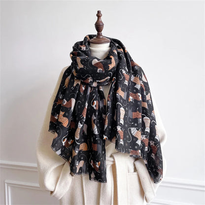 Autumn and Winter Travel Warm Cashmere Shawl Scarf Fashion Women Cat Print Pashmina Blanket Wraps Female Cute Poncho Bufanda
