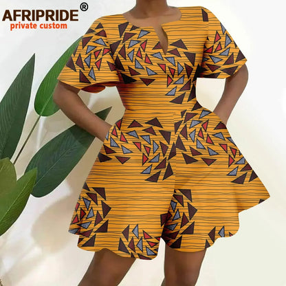 2026 African Clothes for Women Short Sleeve High Waist Print Jumpsuit Casual Cotton Summer Outfits Rompers Playsuits A2329001