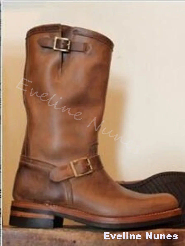 Black Vintage Leather Engineer Boots Men Round Toe Double Metal Buckle Slouchy Mid Calf Boots Low Block Heel Motorcycle Boots