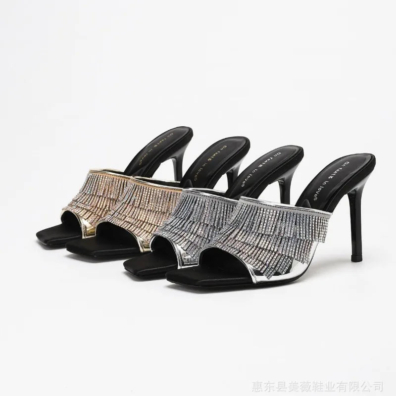 Sexy Rhinestone Designer Thin Heeled Slippers Women Open Toe 2026 New Elegant Party Dress Shoes Tassel Luxury High Heels Sandals