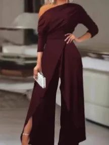 Casual Off Shoulder Jumpsuits Women Spring Autumn Irregular Ruched Wide Leg One Pieces Sets Office Ladies Elegant Party Romper