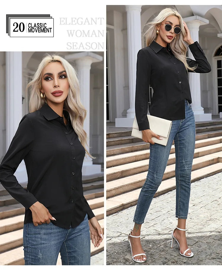 Women Elegant Solid Button Shirt Chiffon Blouse Spring Summer Casual Solid Long Sleeve Turn Down Collar Tunics OL Shirt Tops