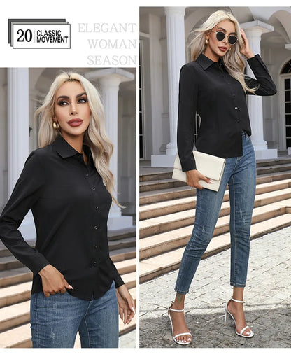 Women Elegant Solid Button Shirt Chiffon Blouse Spring Summer Casual Solid Long Sleeve Turn Down Collar Tunics OL Shirt Tops