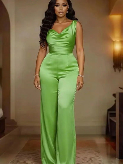 2026 New Solid Color Satin Jumpsuit Women Cowl Neck High Waist Wide Leg Formal Party Overalls