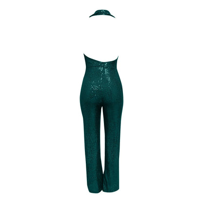 Elegant Women Deep V Wide Leg Jumpsuits Swing Neck Sleeveless Halter One-Piece Jumpsuits Fashion Sequin Shiny Party Romper