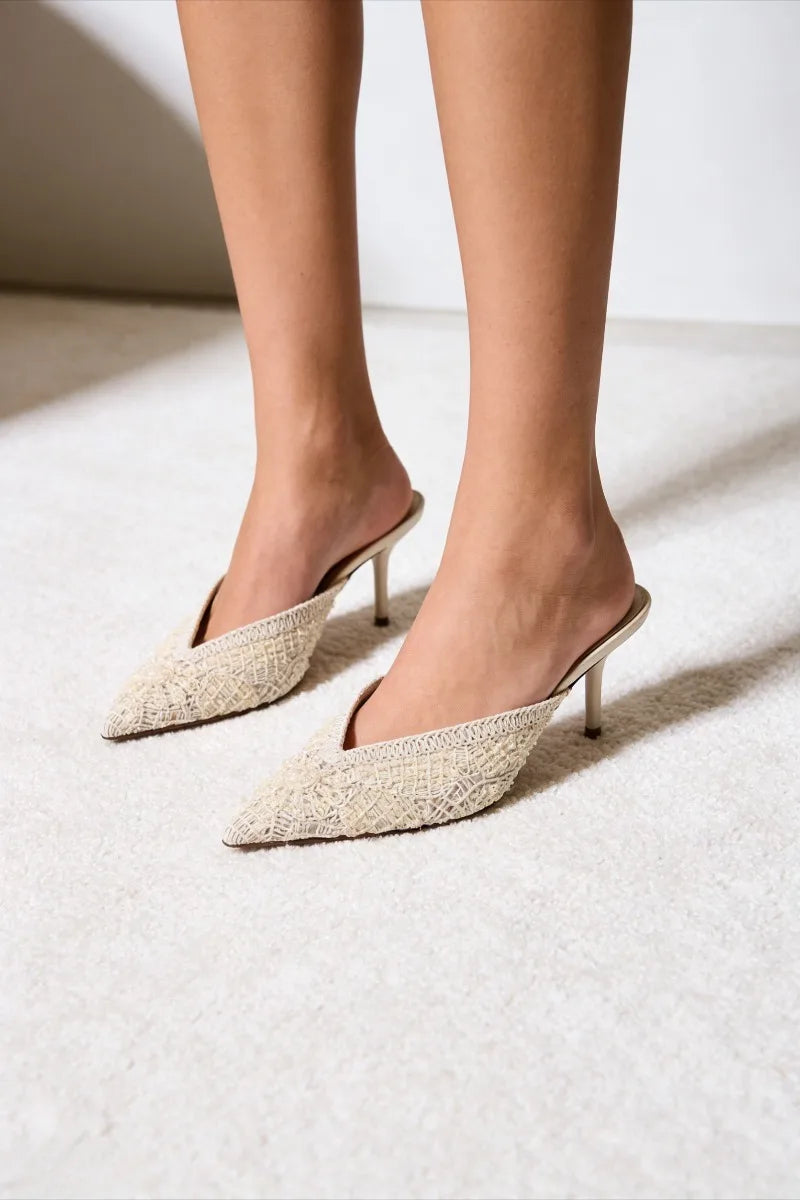 Elegant String Bead Decoration Heeled Sandals Women Sexy Pointed Toe Mesh Woven Slippers Summer Luxury Designer Shoes for Ladies