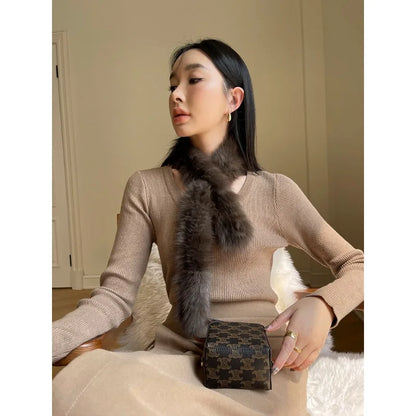 Women sable mink fur scarf winter warm soft fluffy neck wrap fashion accessory
