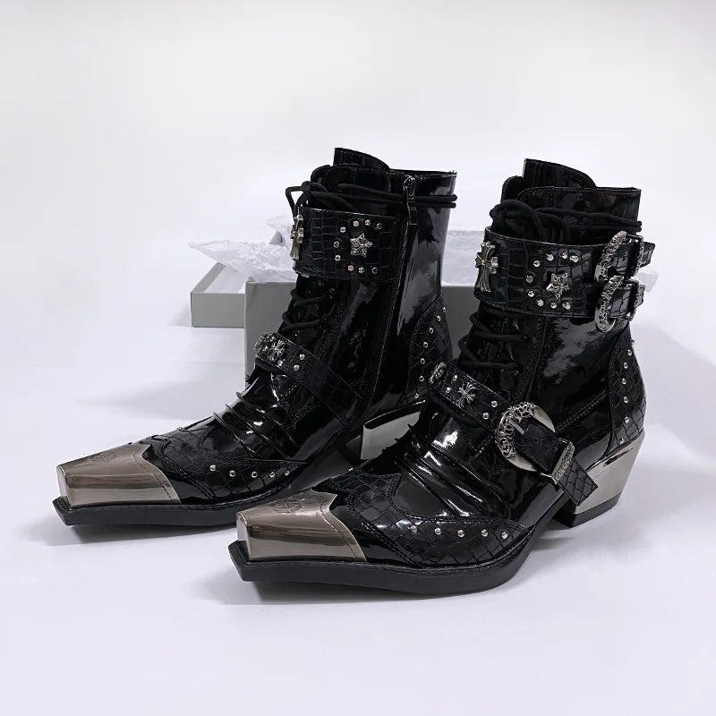 Gothic Punk Style Platform Couple Ankle Boots Designer Metal Decorative Belt Buckle Women Mans Motorcycle Booties Zapatos Hombre