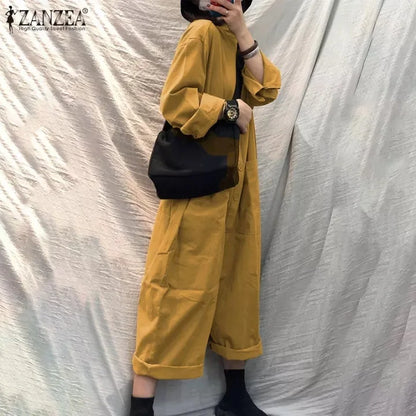 Solid Color Casual Loose Pocket Jumpsuit Women New Fall Simple Long Sleeve Shirt Female Vacation Rompers Fashionable Streetwear