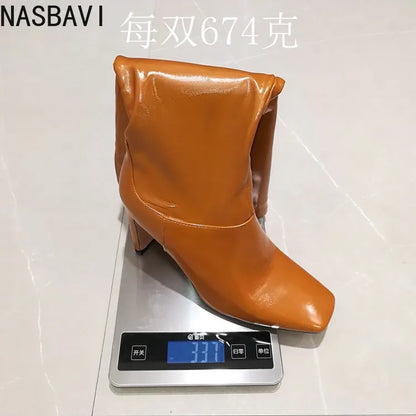 NASBAVI Women's Boots Autumn Winter Fashion New Style Sexy Knee-High Square Heel Square Toe Black Platform High 9cm Plus Size 48
