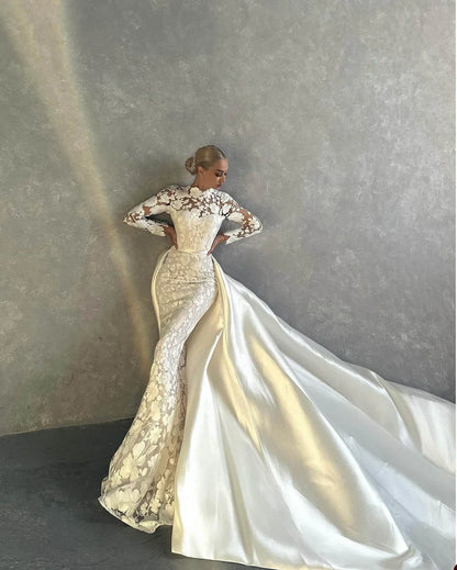 Modern Plus Size Arabic Mermaid Wedding Dresses High Neck Lace Flowers Bridal Dresses Sheer Long Sleeve Custom Made Gowns