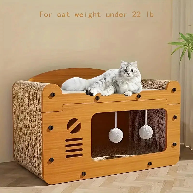2-in-1 Cat Scratcher &   Cozy Bed - Durable Cardboard Lounge Bed with Hanging Toys