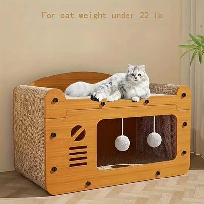 2-in-1 Cat Scratcher &   Cozy Bed - Durable Cardboard Lounge Bed with Hanging Toys