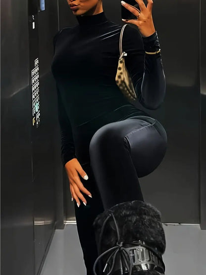 Slim Fit High Neck Long Sleeve One-Piece Jumpsuit Bodycon Slimming Design Fashionable Elegant Women's Clothing