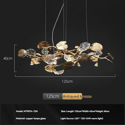 Luxury Copper Branch Chandelier Dining Table Retro Restaurant Light with Leaf Crystal Pendant Lamp Living Room Bar Kitchen Vila
