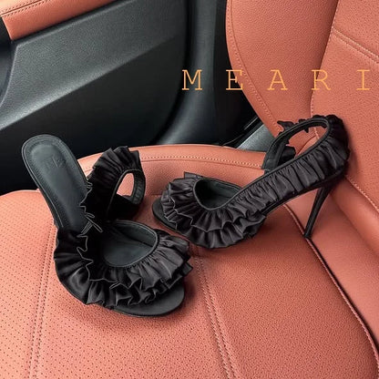 Solid Satin Ruffles Stiletto Sandals Women Elegant Back Strap Sweet Party Flower Shoes Ladies Open Toe Leopard Evening Sandals