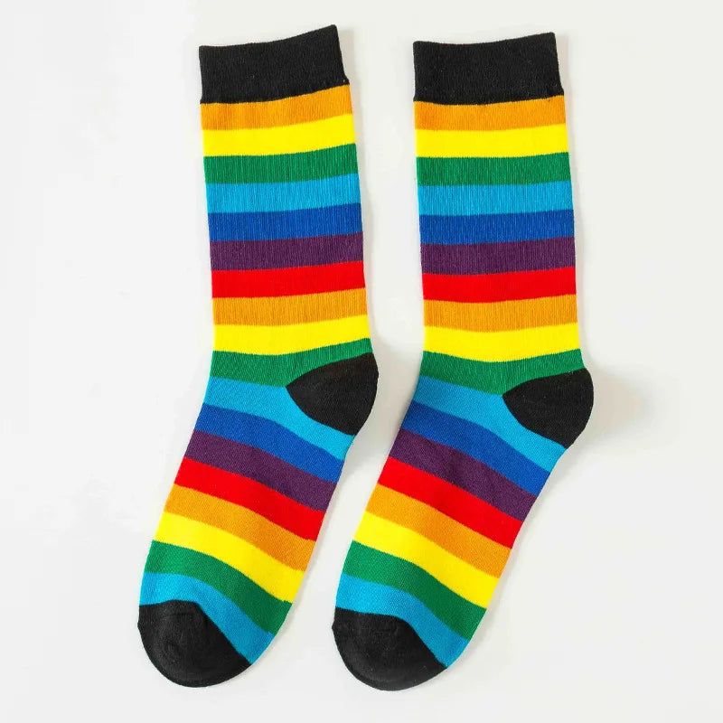 Rainbow Striped Socks Colorful Fashion Women Middle Tube Long Socks Trendy Candy Colors Breathable Cotton Casual Sport Socks New