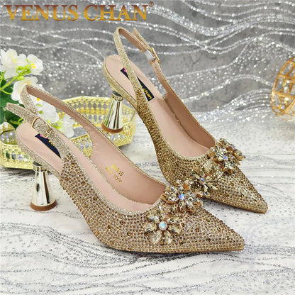 New Fashion Pointed Toe Shoes Heels Elegant Italian Woman Wedding for Party Shoes Women Party Pumps Decorated with Rhinestone