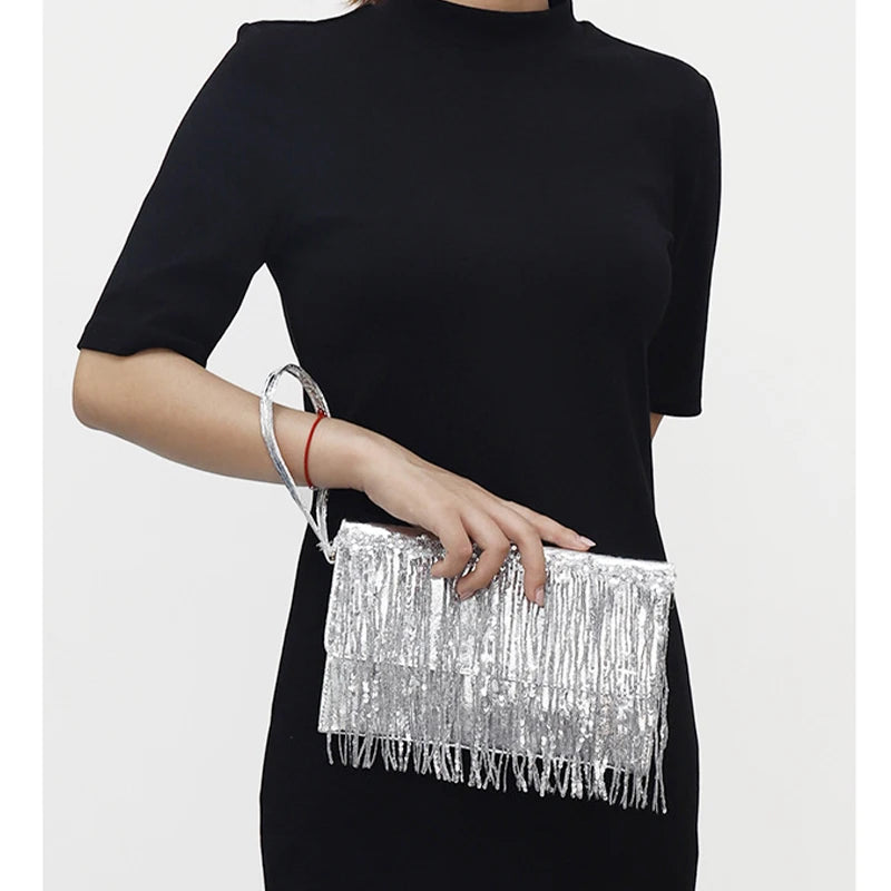 Design Luxury Handbags Silver Sequin Rhinestone Tassel Women Small Wallets Bags Chain Elegant Ladies Party Evening Clutch Purse
