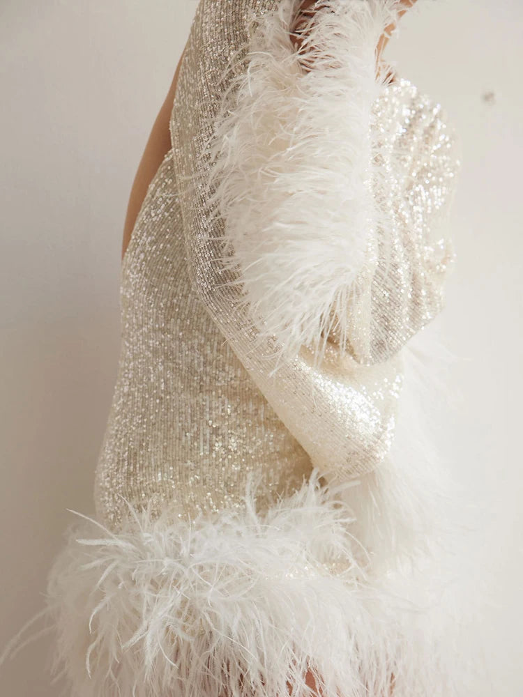 Sparkling sequin backless dress for fashion parties summer sexy dress casual daily O collar feather long sleeved short skirt