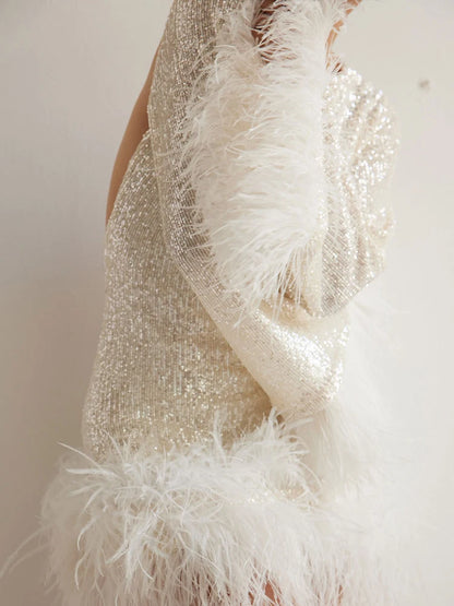Sparkling sequin backless dress for fashion parties summer sexy dress casual daily O collar feather long sleeved short skirt