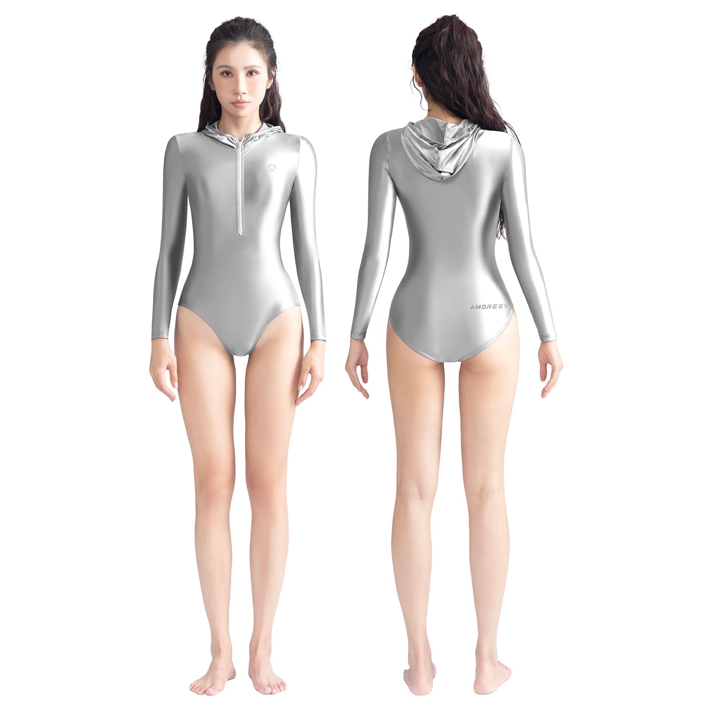 AMORESY Women's Long-sleeved Front Double Zipper Tight Hooded Swimsuit One-piece Swimwear Slimming Body-shaping Maillot Leotards