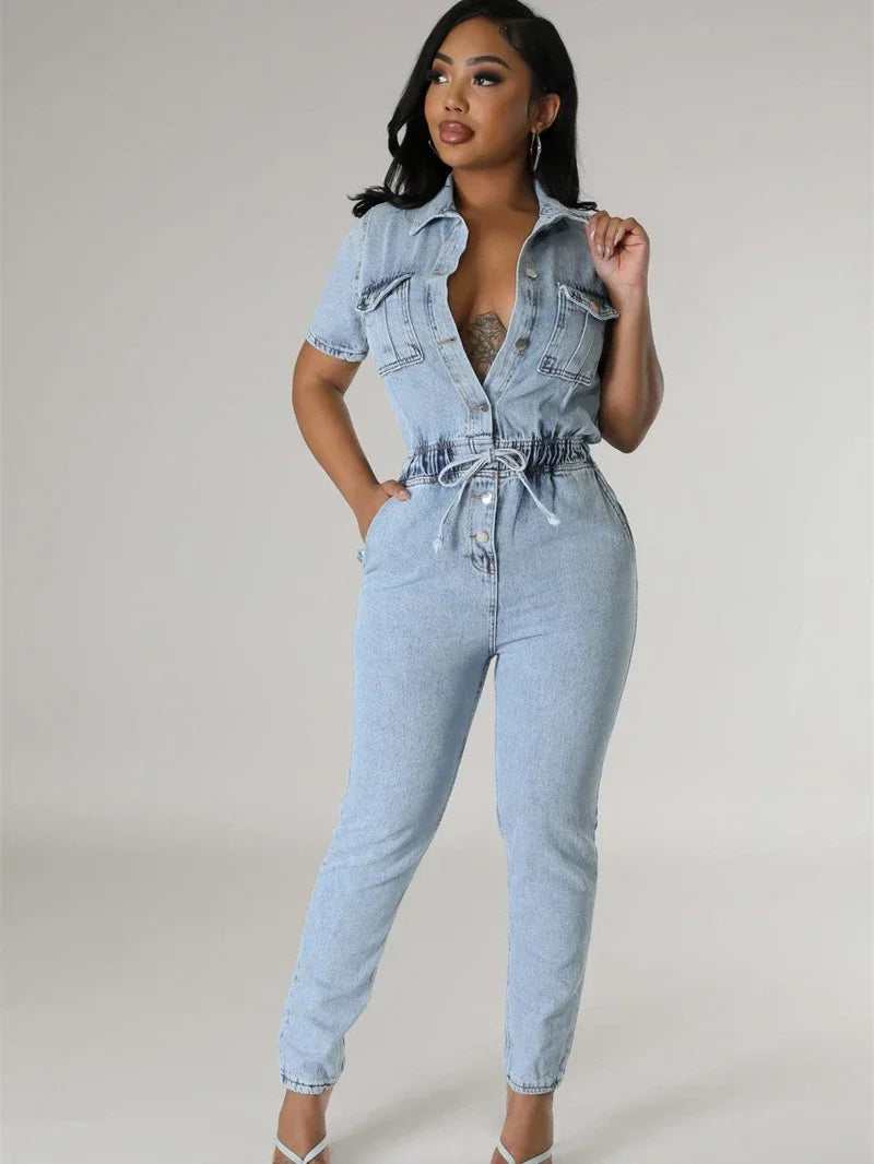 Fashion Denim Jumpsuit Summer Clothes Women 2026 Short Sleeve Button Up Pencil Jeans Rompers Playsuits One Piece Overalls Outfit