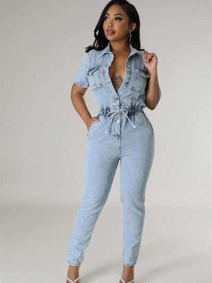 Fashion Denim Jumpsuit Summer Clothes Women 2026 Short Sleeve Button Up Pencil Jeans Rompers Playsuits One Piece Overalls Outfit