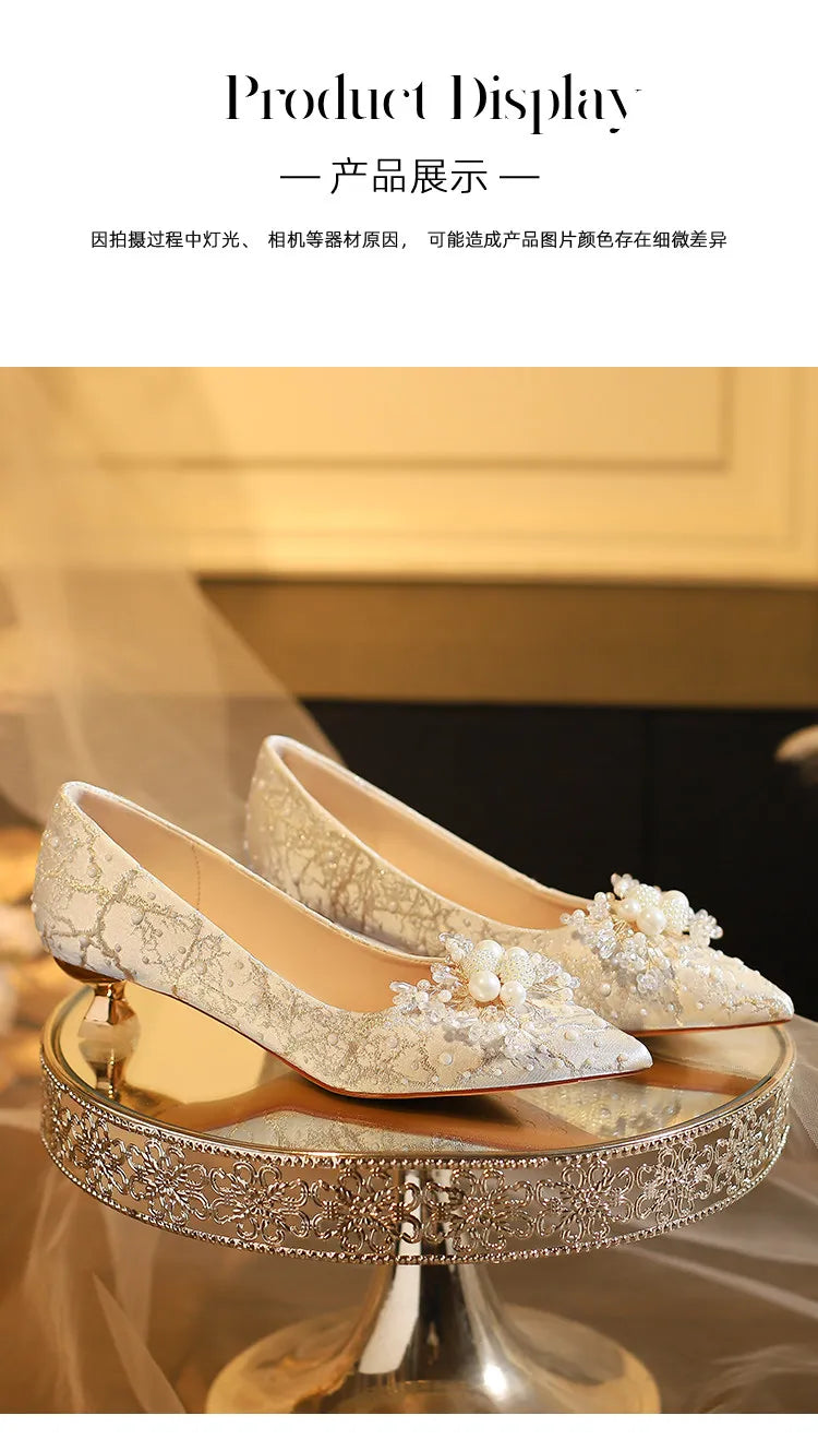 New Designer Low Heel Wedding Shoes Luxury Pearl Water Diamond Decoration Banquet Women's Shoes High Heel Women's Singles Shoes
