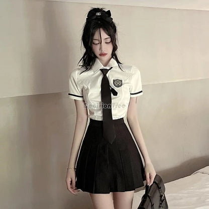 2025 improved daily jk uniform summer new white short/long sleeve shirt + pleated skirt jk uniform two-piece set for women w237