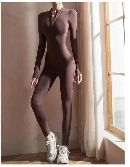 Womens Jumpsuits Long Sleeve Yoga Slim Fit Stretch One Piece Romper Sexy Fitness Female Black Basic Sportwears Tight Zipper