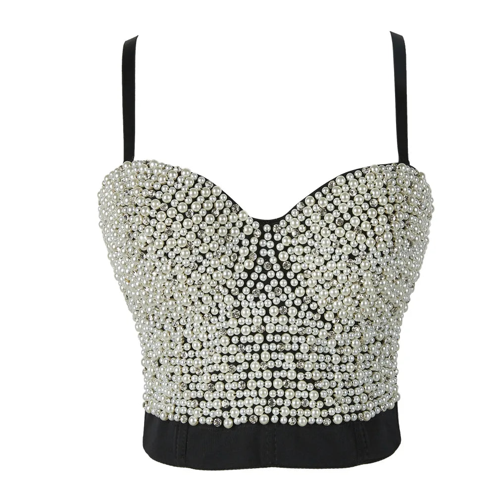 Quality Pearl Tank Tops Rhinestone Women Crop Top Club Clothes Streetwear Y2K Corset Woman Shaper Camis Fashion Feamale Clothing