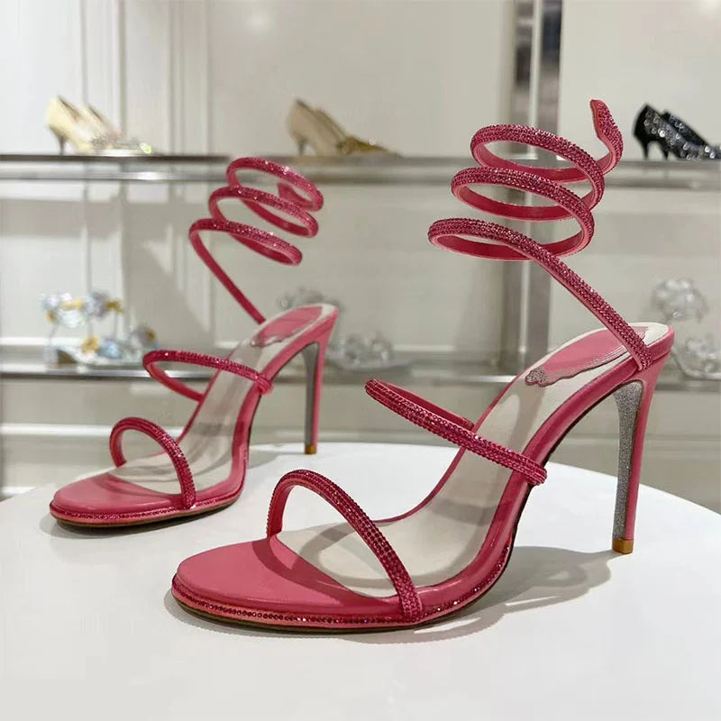 Summer Crystal Gladiator Sandals Women Rhinestone Twine Around Ankle Snake Wedding Shoes High Heels Sandals Woman