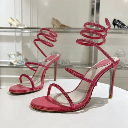 Summer Crystal Gladiator Sandals Women Rhinestone Twine Around Ankle Snake Wedding Shoes High Heels Sandals Woman