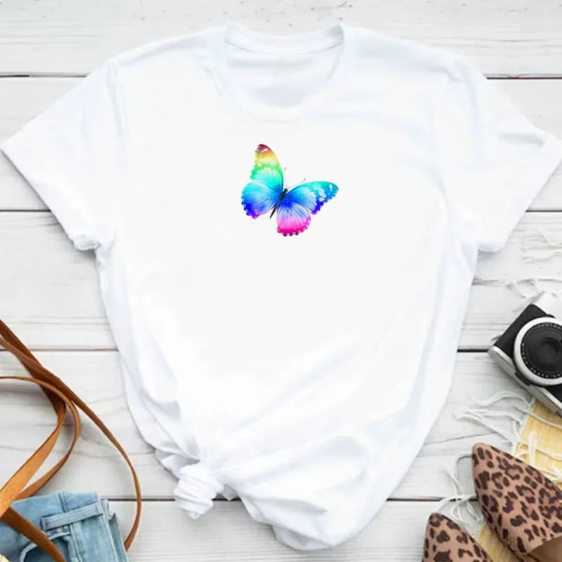 New Fashion Women T-shirt Colorful Butterfly Petal Print Short Sleeve and Round Neck Cute Graphic Tee Shirts Female Tops Clothin