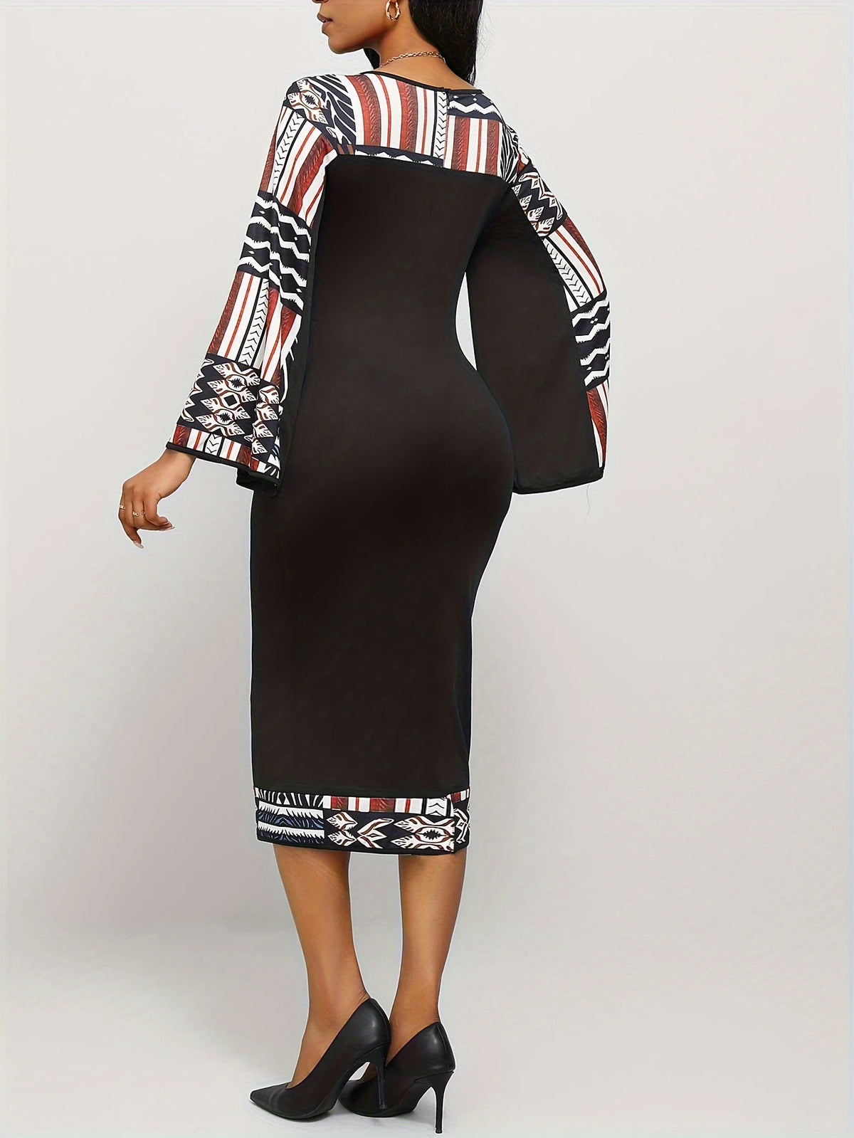 Women's Geometric Pattern Dress Bohemian Bell Sleeve Long Sleeve Asymmetrical Slit Maxi Dress