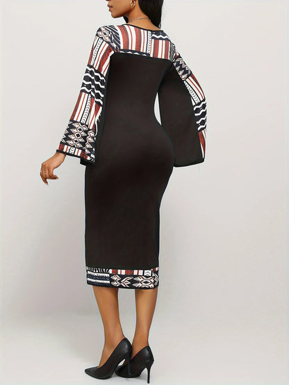 Women's Geometric Pattern Dress Bohemian Bell Sleeve Long Sleeve Asymmetrical Slit Maxi Dress