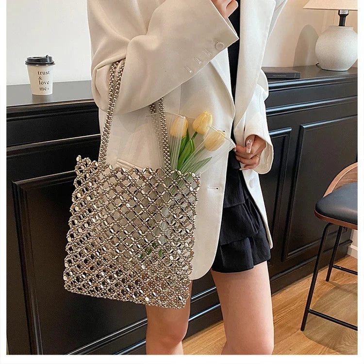2026 Fashion Exquisite Bead Sense of Luxury Hollow Out Women‘s Handbags Hot Sale New No Zipper Acrylic Square Shoulder Bags