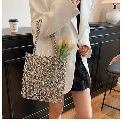2026 Fashion Exquisite Bead Sense of Luxury Hollow Out Women‘s Handbags Hot Sale New No Zipper Acrylic Square Shoulder Bags