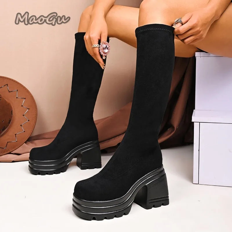 Short/Long Suede Leather Black Boots for Women Chunky High Heel Knee-High Boots Wedges Women's Fashion Shoes Size 35 Botas Mujer